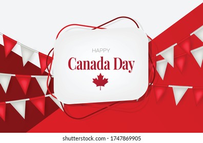 Canada day  background. 1 of July national holiday. Banner or advertising poster. Canadian symbolics, maple leaf and red bunting. Vector illustration.