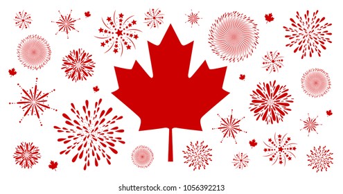 Canada day background design of flag and firework on white background vector illustration