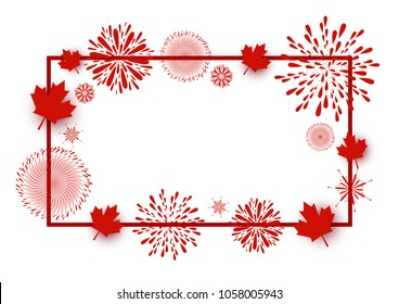 Canada day background design of maple leaves and firework with line frame on white background vector illustration