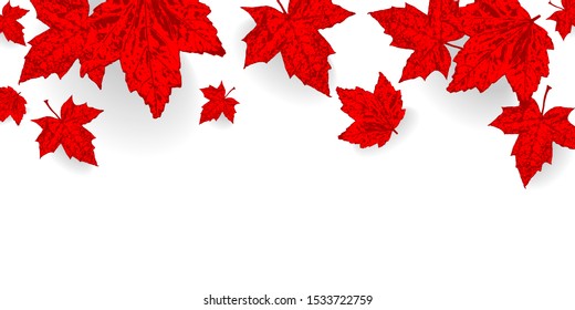 Canada Day background. Falling maple red leaves pattern for design banner, poster, greeting card for national holiday Canada Day celebrate 1st July. Autumn red color leaf vector wallpaper illustration