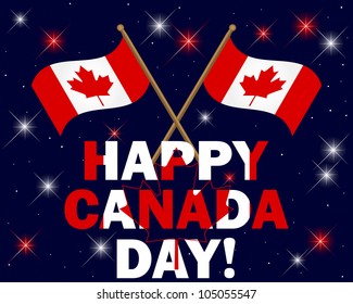 Canada Day background with fireworks, text and flags. Vector illustration.