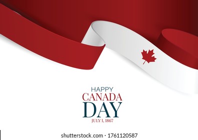 Canada day background. July 1st national holiday. Banner or advertising poster. Waving Canadian flag ribbon with maple leaf. Vector illustration.