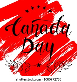 Canada Day background with maple leaves and text in red. Vector illustration