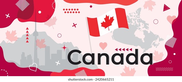 Canada Day banner with Canadian flag and silhouettes of country map and Toronto city. Abstract geometric holiday design with minimalist red and white color shapes and memphis style elements