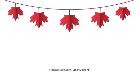 Canada Day banner design with maple leaf garland on white background with copy space. Vector illustration in cut paper style.