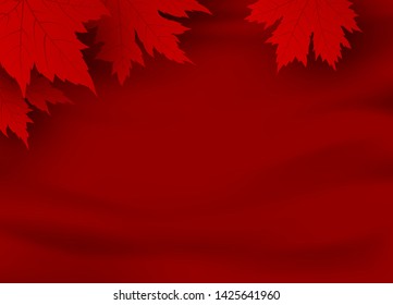 Canada day banner design of red maple leaves on red fabric background with copy space vector illustration