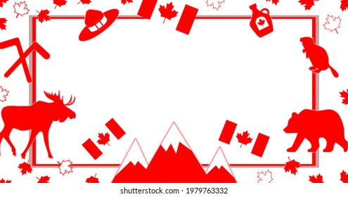Canada day. Banner for Facebook with maple, flag, moose and hat, beaver and bear, mountains, maple syrup, maple.Template. Rectangle frame. Post. Vector illustration isolated on white background.