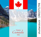 Canada day. Banner with Canada flag, Canada landscape with lake, mountains, pine and spruce forest. Moraine Lake. Square template. Happy Canada Day poster, card, flyer. Vector illustration