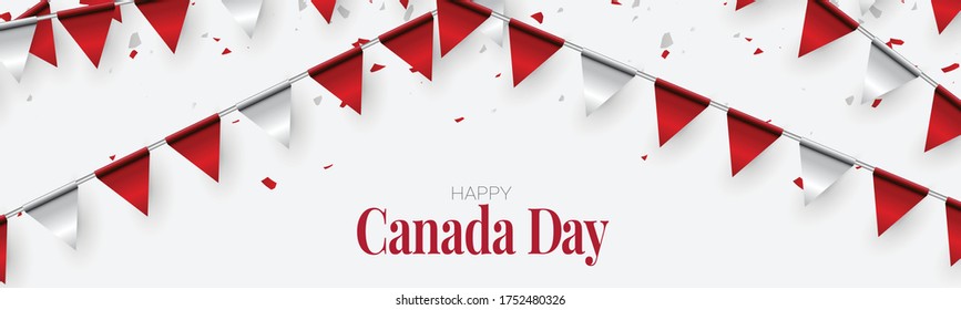 Canada day banner or header background. 1st of July national holiday design. Red and white bunting. Simple vector illustration.