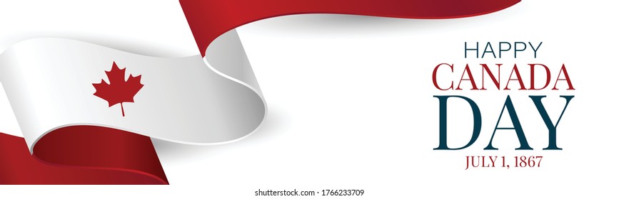 Canada day banner or header background. July 1 national holiday. Canadian flag waving ribbon with maple leaf. Vector illustration red and white colors.