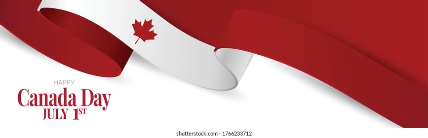 Canada day banner or header background. July 1 national holiday. Canadian flag waving ribbon with maple leaf. Vector illustration red and white colors.