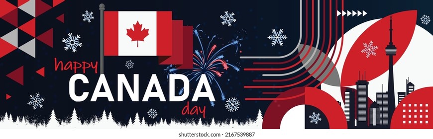 Canada day banner for independence day. Fireworks and snowflakes. Retro abstract design with Canadian flag. Dark Red White Maple leaf winter theme. Toronto skyline night. Vector Illustration.