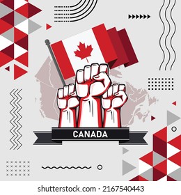 Canada day banner for independence day. Retro abstract design with Canadian flag and map with raised fists or hands. Dark Red White Maple leaf theme. Vector Illustration.