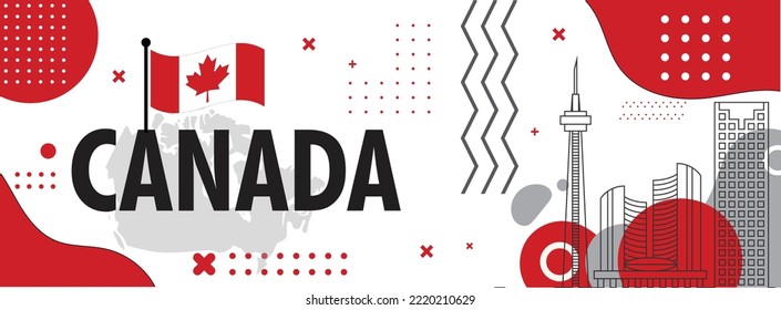 Cartel del Día de Canadá por la independencia de Canadá. Diseño abstracto retro con bandera canadiense. Ilustración vectorial. Tema rojo blanco con hoja de arce. El horizonte de Toronto. Ilustración vectorial.