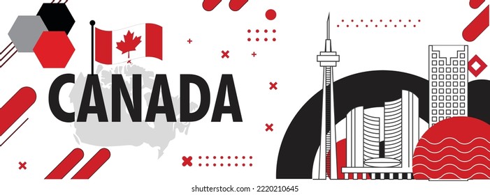 Cartel del Día de Canadá por la independencia de Canadá. Diseño abstracto retro con bandera canadiense. Ilustración vectorial. Tema rojo blanco con hoja de arce. El horizonte de Toronto. Ilustración vectorial.