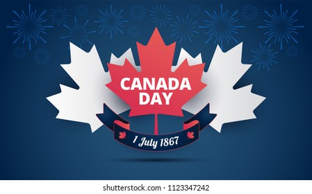 Canada Day blue background with Canada maple leaf, Canadian flag, holiday ribbon, fireworks - vector design