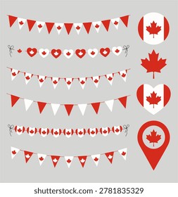 Canada Day Bunting Flags Vector Set with Maple Leaf Decoration Isolated
High quality Canada Day bunting flags vector collection featuring red and white Canadian flag decorations, maple leaf symbols, hanging garlands, heart ornaments, and festive party banners. Perfect for national holiday celebration designs, patriotic events, greeting cards, posters, web banners, social media, invitations, and festival decorations. Isolated vector illustration with clean modern style suitable for microstock commercial use.