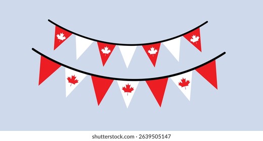 Canada Day bunting garland with red and white triangle flags decorated with maple leaves. Simple patriotic decoration isolated on grey background. Vector celebration element.