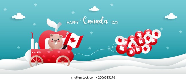 Canada day cards with cute beaver in blue and white background. happy Canada day.