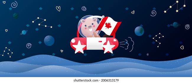 Canada day cards with cute beaver in blue and white background. happy Canada day.