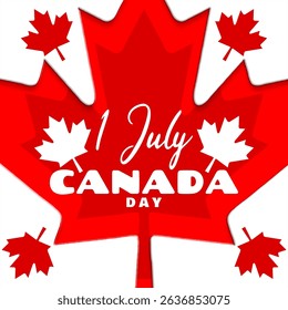 Canada Day to celebrate on July 1st. Maple leaf symbol of the Canadian flag with numbers and bold text on white background.
