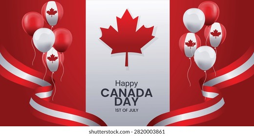 Canada Day celebration background featuring patriotic balloons maple leaf and flowing ribbons for festive greetings national events promotional campaigns and holiday decorations isolated vector illustration.