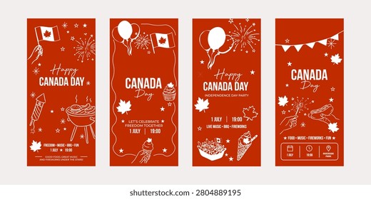 Canada day celebration banners with maple leaves, fireworks, and festive elements.