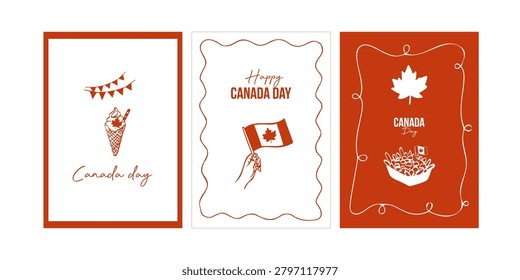 Canada day celebration cards with maple leaf icons and festive designs.