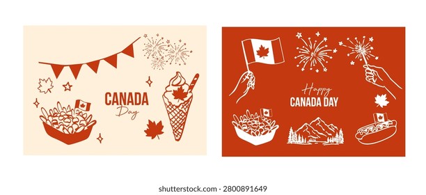 Canada day celebration with fireworks, flags, and festive food illustrations.