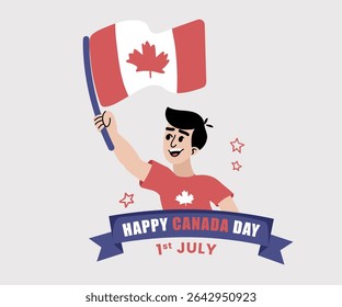 Canada Day Celebration Illustration – Boy Holding Canadian Flag in Red Shirt.Colorful flat vector illustration of a smiling boy waving the Canadian flag, celebrating Canada Day.