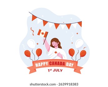 Canada Day Celebration with women Holding CANADA Flag – Flat Vector Illustration