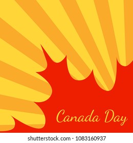 Canada Day. Concept of event. 1 July. The name of the holiday. Orange background, rays from the corner, red maple leave