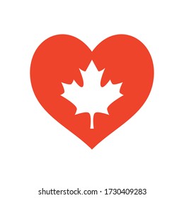 concepto de día canadá, corazón con icono de hoja de arce sobre fondo blanco, estilo de silueta, ilustración vectorial