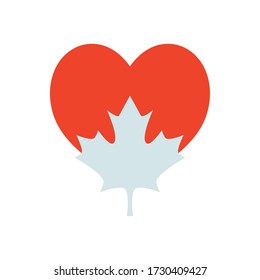 concepto de día canadá, hoja de arce con icono cardíaco sobre fondo blanco, estilo de silueta, ilustración vectorial