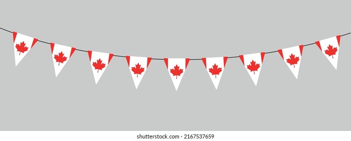 Canada Day decoration, flag of Canada, bunting garland, string of triangular flags for outdoor party, red maple leaf, pennant, retro style vector illustration