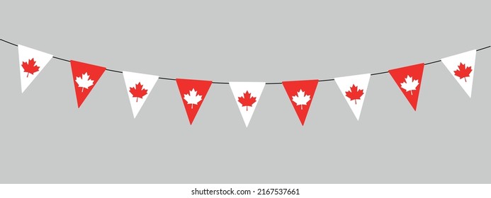 Canada Day decoration, flag of Canada, bunting garland, string of triangular flags for outdoor party, red maple leaf, pennant, retro style vector illustration