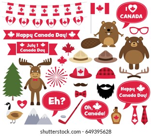 Canada Day design elements and photo booth props, vector set