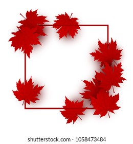 Canada day design of red maple leaves isolated on white background with line frame vector illustration