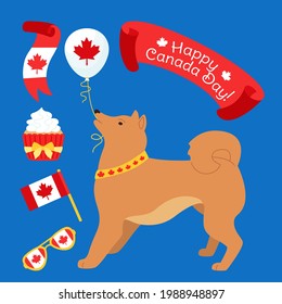 Canada Day dog, flag and cake cartoon card. Funny patriotic redhead dog with glasses, balloon, ribbon, cake, canadian flag flat set. Hand drawn festival happy Canada day. Isolated vector illustration