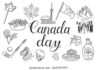Canada Day doodle set with traditional symbols, food and landmarks in hand drawn style. Celebrates Canadian culture, patriotism and national identity through festive illustration