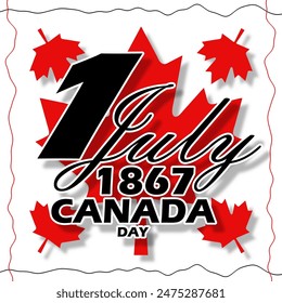 Canada Day event banner.  Bold text, calligraphic text and number on maple leaf, symbol of the Canadian flag on white background to celebrate on July 1st