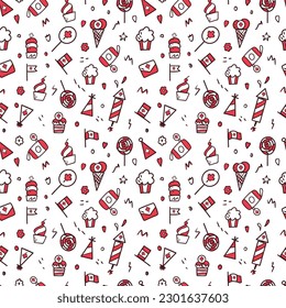 Canada Day. First of July. Seamless illustration in doodle style. For textile, pattern, background or design. Vector