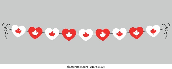 Día de Canadá, bandera de canadá color corazones garland, cuerdas de corazones para fiesta al aire libre, hoja de arce rojo, decoración, ilustración vectorial