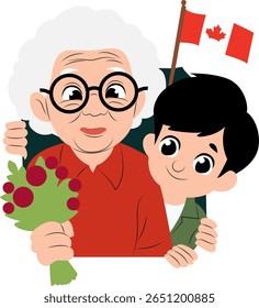 Dia do Canadá Vovó Menino Flores Bandeira, feliz Dia dos Heróis Nacionais