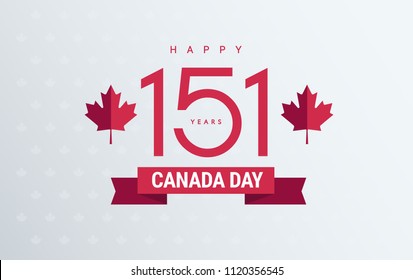 Canada Day greeting card background - red Happy Canada Day typography design, Canada maple leaf, 151 years celebration greeting card in minimal flat vector 