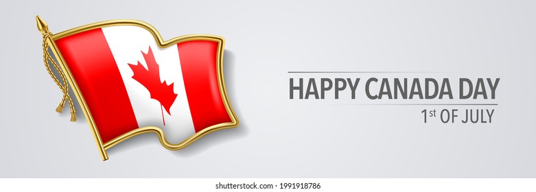 Canada day greeting card, banner with template text vector illustration. Canadian memorial holiday 1st of July design element with 3D flag with maple leaf in badge