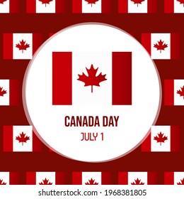 Canada Day greeting card, illustration with canadian flags seamless pattern background. July 1.