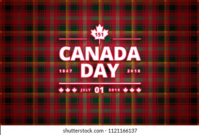 Canada Day greeting card - red maple leaf and abstract Canadian national tartan background - Canada Day typography design, July 1st greeting card vector 