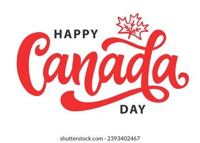 Canada Day Greeting Card with Red Maple Leaf. Inscription Hand Written Lettering. Modern Calligraphy. Typography Vector Illustration. Vintage Style Retro Design