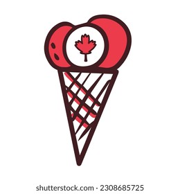 Canada Day. Ice cream with canada flag. Maple leaf as a symbol. First of July. The symbolism is red and white. Doodle illustration. Postcard, banner, poster or design. Vector